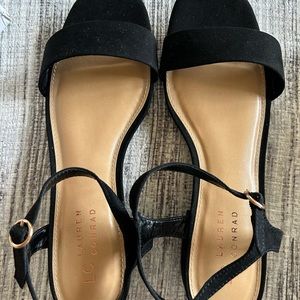 Black suede small heeled sandal. 7.5
